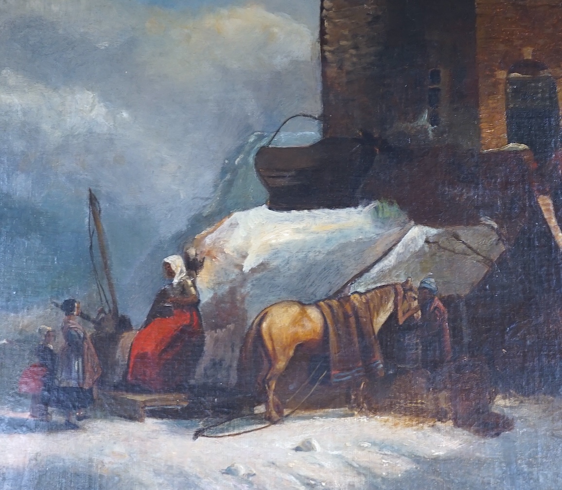 Late 19th century, oil on canvas, Figures and resting horse before buildings, unsigned, 44 x 53cm. Condition - fair to good